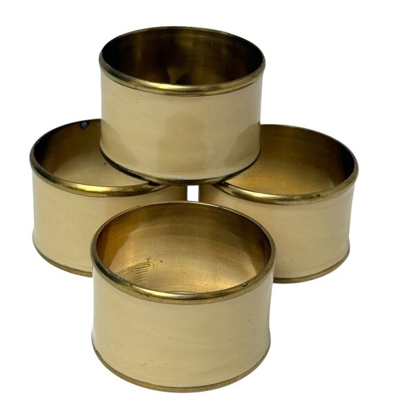 Set of 4 Napkin Rings Vintage Beige Enamel Brass Gold Tone Metal - Picture 1 of 7